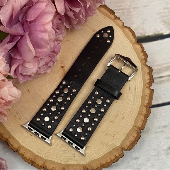 Black Studded Leather Punk Rock Apple Watchband - Picture 8 of 16